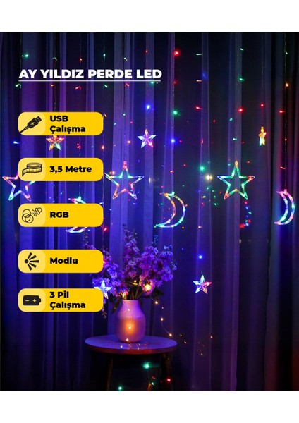 Ay Yıldız Dekoratif Rgb (Çok Renkli) LED USB & Pilli - 3,5 Metre - Animasyonlu
