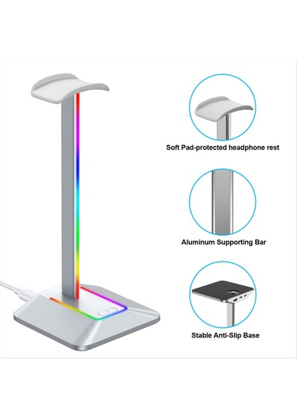 Rgb Oyun Kulaklık Standı Type-C USB Ports Masası Masası Oyun Kulaklık Tutucu Askı Gümüş Gümüş (Yurt Dışından) modelleri