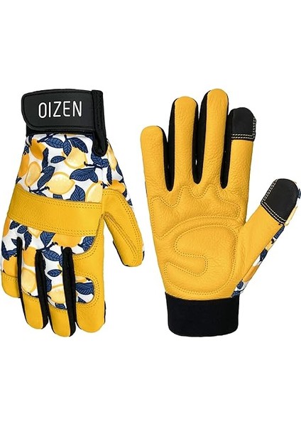 Geçirmez Sığır Derisi Bahçe Eldiveni Kadınlar ve Erkekler Için, Dokunmatik Ekran Uyumlu Çalışma Eldiveni, Yabani Ot Ayıklama, Kazı, Dikim, Kadınlar Için Bahçe Hediyeleri (Sarı, 1 Çift, M)