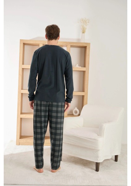 Erkek Uzun Kollu Kareli Cepli Kışlık Antrasit Pijama Takımı modelleri