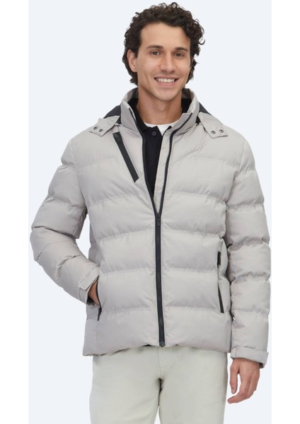 Bej Regular Fit Kapüşonlu Casual Dokuma Mont