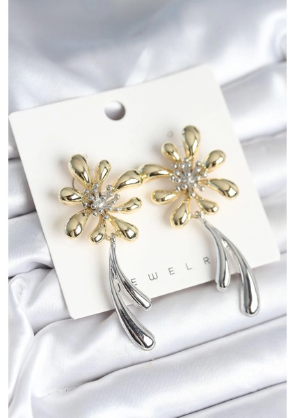 Bfs Çiçek Model Gold Gümüş Renk Kadın Küpe