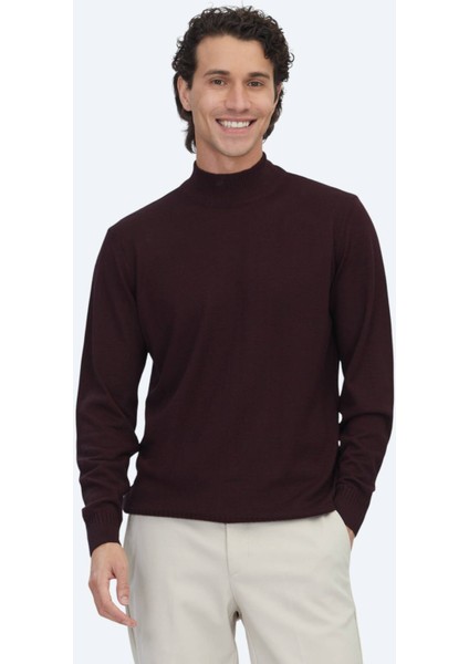 Bordo Yarım Balıkçı Yaka Jakarlı Yün Karışımlı Triko Kazak