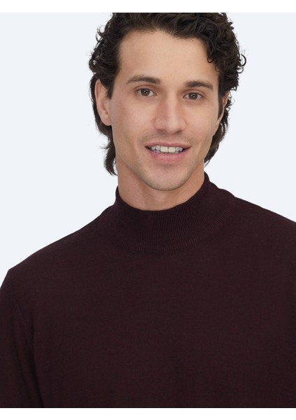 Bordo Yarım Balıkçı Yaka Jakarlı Yün Karışımlı Triko Kazak modelleri