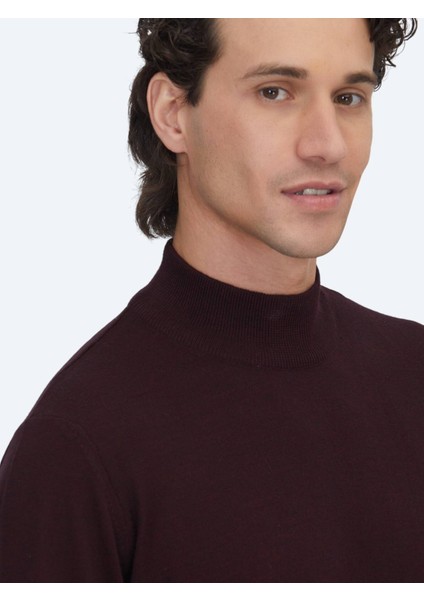 Bordo Yarım Balıkçı Yaka Jakarlı Yün Karışımlı Triko Kazak fırsatları