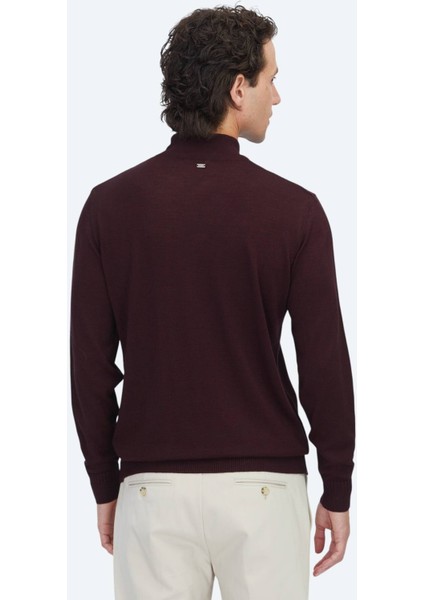 Bordo Yarım Balıkçı Yaka Jakarlı Yün Karışımlı Triko Kazak indirimleri