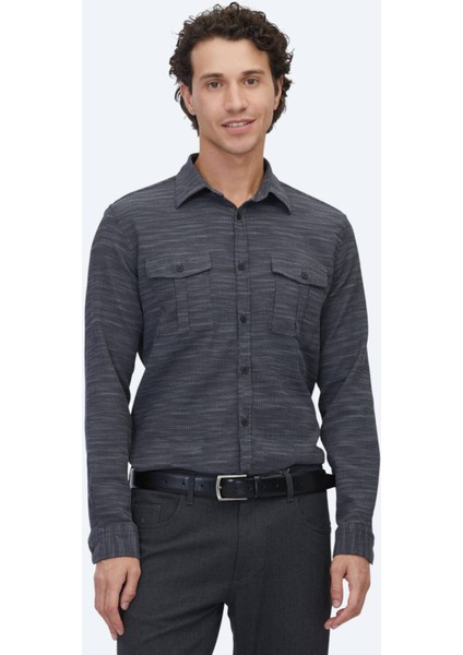 Antrasit Regular Fit Dokuma Casual Pamuk Karışımlı Gömlek