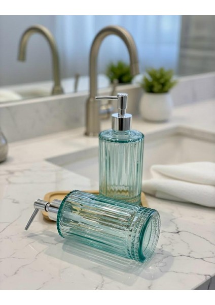 2 Li Bambu Standlı Cam Sıvı Sabunluk & Deterjanlık – Tezgah Üstü Banyo, Mutfak, Lavabo