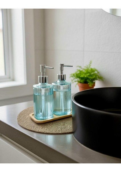 2 Li Bambu Standlı Cam Sıvı Sabunluk & Deterjanlık – Tezgah Üstü Banyo, Mutfak, Lavabo modelleri