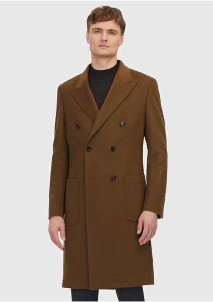 Yağ Yeşili Regular Fit Kruvaze Yaka Casual Dokuma Palto