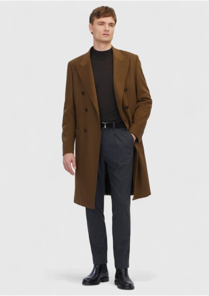 Yağ Yeşili Regular Fit Kruvaze Yaka Casual Dokuma Palto fiyatları