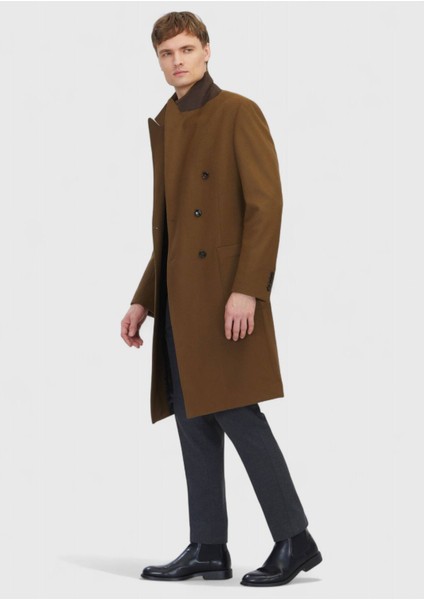 Yağ Yeşili Regular Fit Kruvaze Yaka Casual Dokuma Palto modelleri