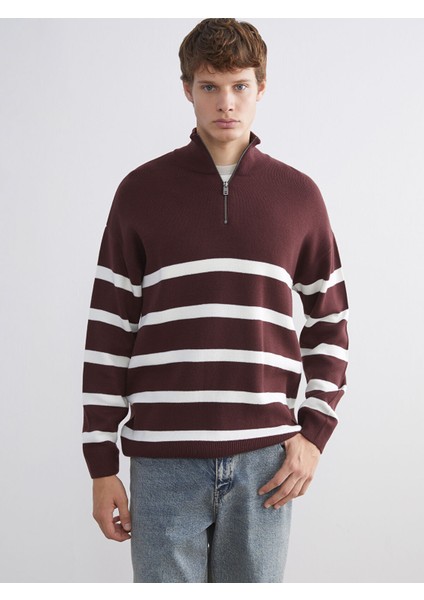 Yeni Sezon Dik Yaka Uzun Kollu Çizgili Erkek Triko Kazak