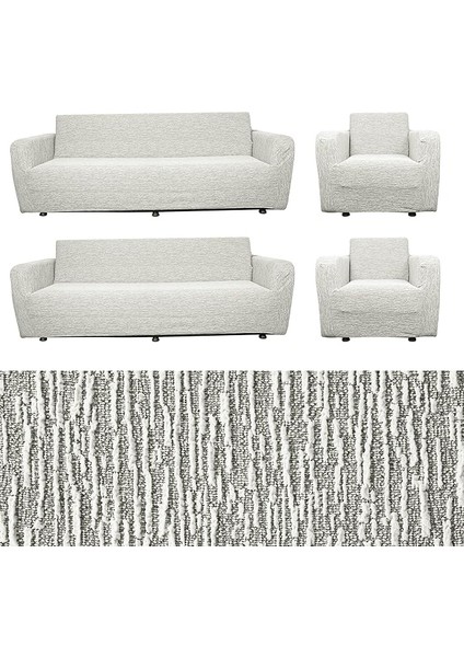 Jakar Desenli Koltuk Örtüsü Takımı, 3+ 3 +1 +1 Kanepe ve Koltuk Örtüsü, Lastikli, Taş Gri