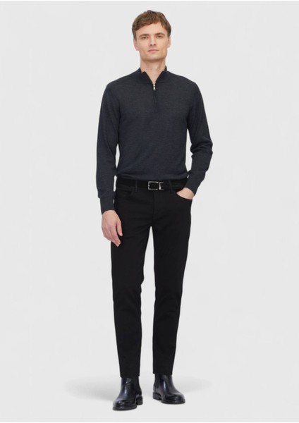 Siyah Düz Dokuma Slim Fit Casual Pamuk Karışımlı Pantolon