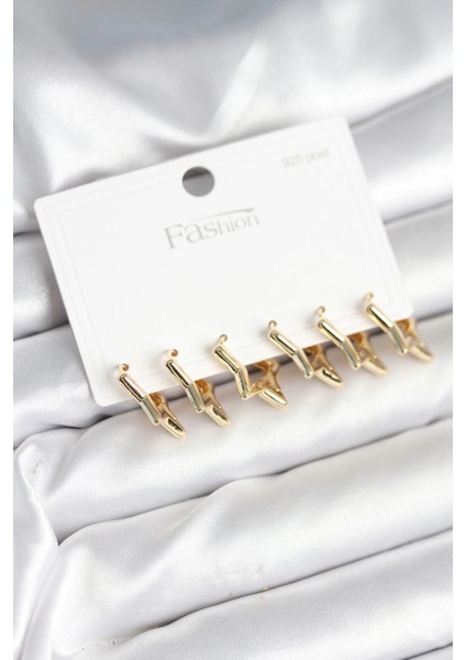 Bfs Yıldız Model Gold Renk 925 Ayar Gümüş Çivili Kadın Küpe Seti