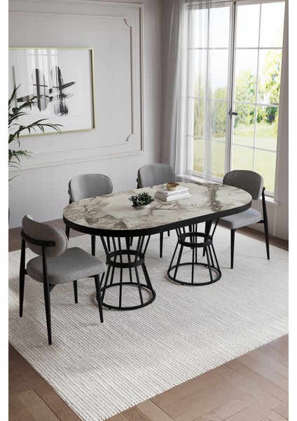 BOHEM POLO Mutfak Yemek Masası Takımı-4 Kişilik Mutfak Masa Sandalye Takımı-OVAL Mutfak Masası Takım