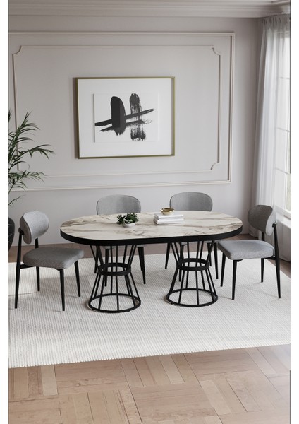 BOHEM POLO Mutfak Yemek Masası Takımı-4 Kişilik Mutfak Masa Sandalye Takımı-OVAL Mutfak Masası Takım fiyatları