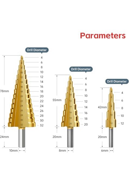 Adım Matkap Bit Seti, 3pcs Titanyum Adım Matkap Bitleri, Metal, Ahşap, Pvc A Için Metrik 4mm Ila 32MM Matkap Koni Bitleri (Yurt Dışından) fırsatları