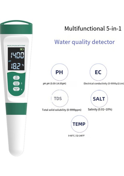 5 In 1 Tds Metre Ph Test Cihazı Ph/tds/ec/tuz/temp Test Merkezi IP65 Su Geçirmez Ppm Metre Içme Suyu Için Su Test Cihazı (Yurt Dışından) modelleri