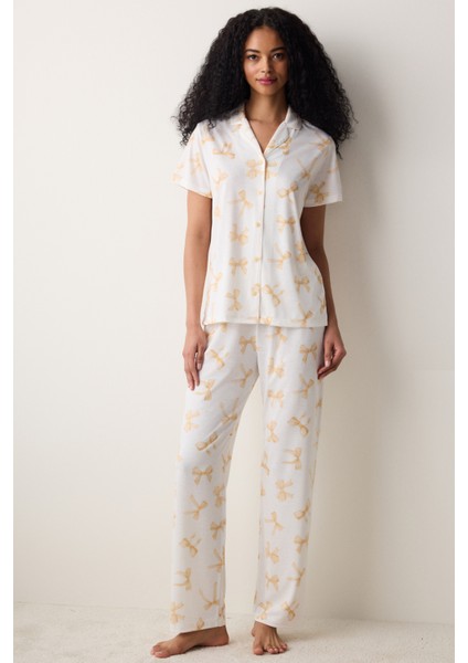 Yellow Bows Gömlek Pantolon Açık Sarı Pijama Takımı