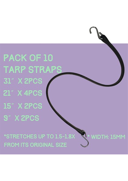 Ağır Hizmet Tipi Açık Kauçuk Bungee Kordonları Kancalar, Çeşitli Boyutlar (9in, 15IN, 21IN, 31 In), Muşamba, Kapaklar, Tuvalleri Güvence Altına Almak Için (Yurt Dışından) fiyatları