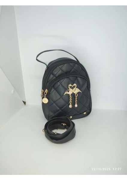 Kadın Ayıcık ve Kuğu Modelli Şık Dikey El Omuz Çanta 15X19 cm Siyah