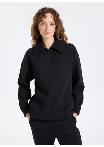Bato Yaka Baskılı Siyah Kadın Sweatshırt J5WL-SWT7179