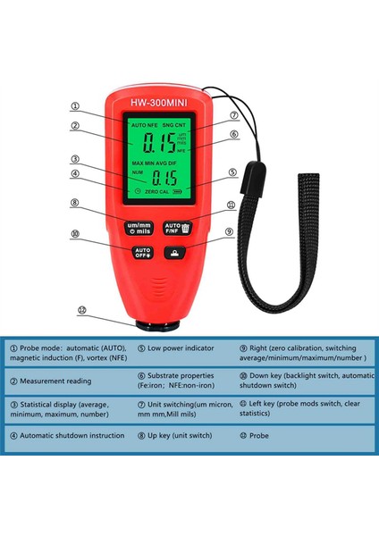 HW-300MINI Kaplama Kalınlık Göstergesi 0-2000UM Ölçüm Boya Araçları Taşınabilir Araç Kaplama Kalınlığı Ölçücü Kırmızı (Yurt Dışından)