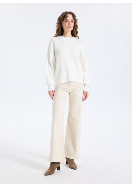 Bisiklet Yaka Loose Fit Düz Örgü Desenli Ekru Kazak Kadın J5WL-KZK7153 fiyatları