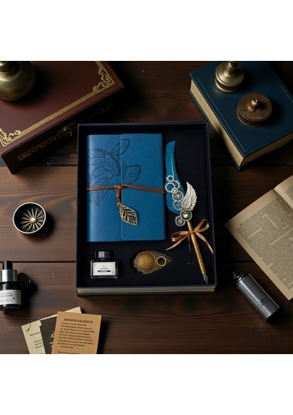 Isme Özel Mavi Renk Divit Hokka Defter ve Tüylü Kalem Seti