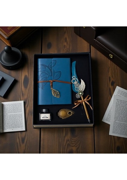 Isme Özel Mavi Renk Divit Hokka Defter ve Tüylü Kalem Seti modelleri