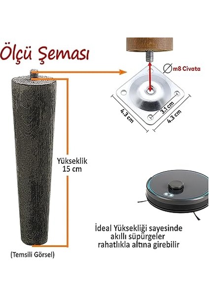 Adet Ahşap Ayak 15 cm Açık Meşe M8 Civatalı Bağlantı Aparatlı Dolap Mobilya Koltuk Kanepe Destek Ayağı Ayakları modelleri