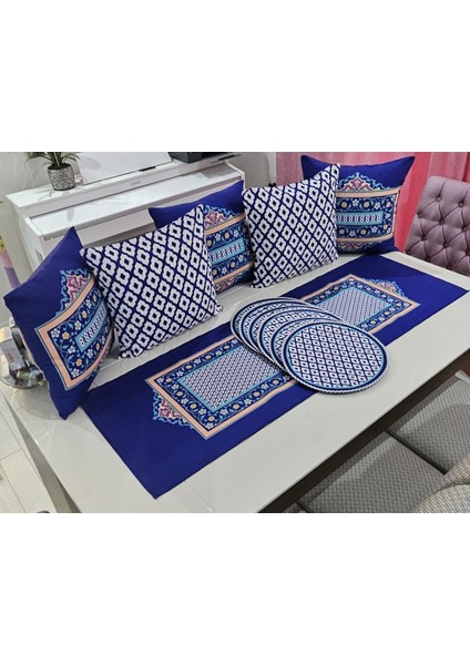 Mavi Beyaz Geometrik Kırlent - Supla- Runner Takım