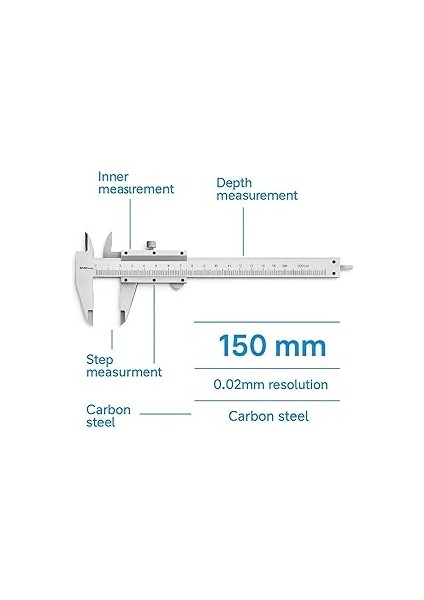 Analog Kumpas, 150 Mm, 0.02 mm Hassasiyetli Ölçüm Aleti, Karbon Çelik Gövde, Iç Dış Derinlik ve Step Ölçüm Uygunluğu ile Teknik Kaliper modelleri