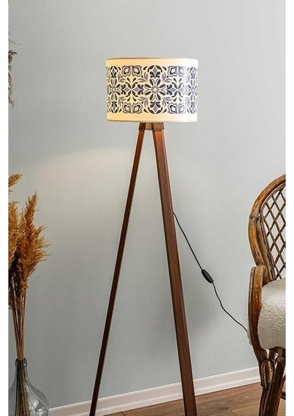 Mavi Çini Silindir Başlık Ahşap Üç Ayaklı Lambader fiyatları