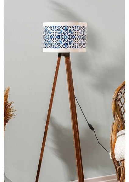 Mavi Çini Silindir Başlık Ahşap Üç Ayaklı Lambader modelleri