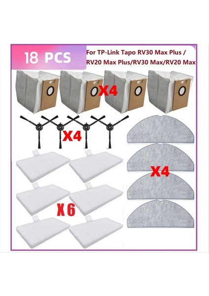 Tp-Link Tapo RV30 Max Plus / RV20 Max Plus / RV30 Max / RV20 Max Elektrikli Süpürge Parçaları Filtreler Paspas Yan Fırça Toz Torbaları Için 18 Adet (Yurt Dışından)