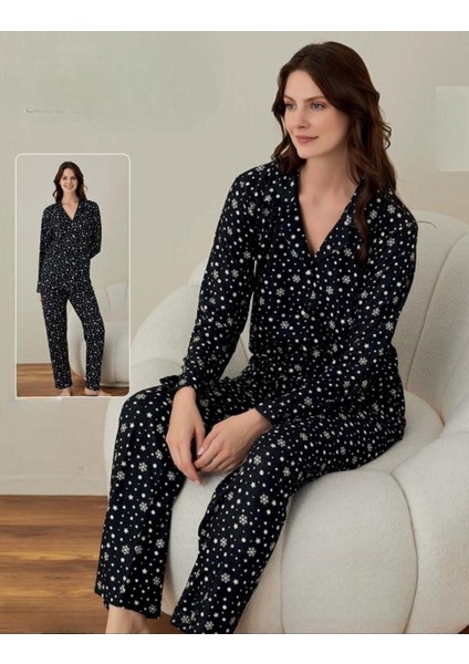Kadın Ince Süet Boydan Düğmeli Kışlık Pijama Takımı 02019- 1 Adet