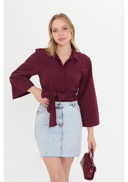 Kadın Bordo Geniş Manşetli Kol Detaylı Önü Bağlamalı Poplin Gömlek modelleri