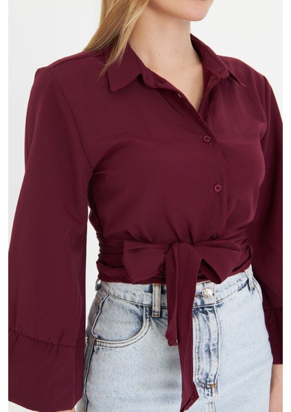 Kadın Bordo Geniş Manşetli Kol Detaylı Önü Bağlamalı Poplin Gömlek indirimleri