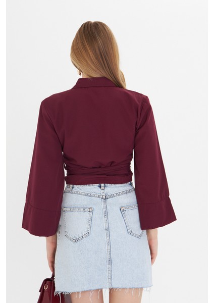 Kadın Bordo Geniş Manşetli Kol Detaylı Önü Bağlamalı Poplin Gömlek