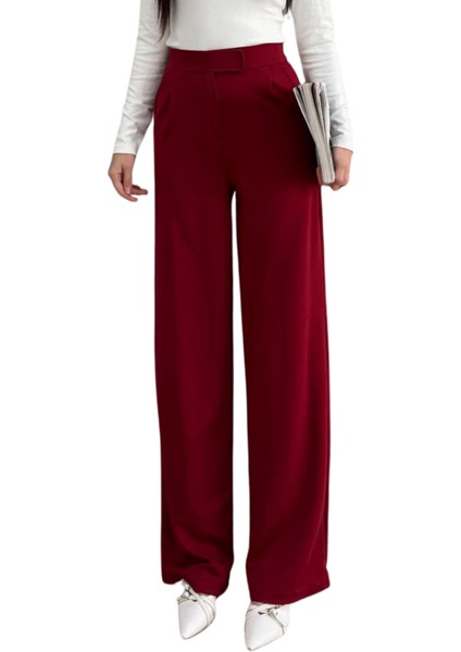 Kadın Likralı Cırt Kapama Bordo Geniş Paçalı Rahat Palazzo Pantolon