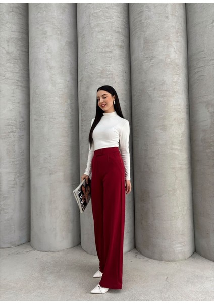 Kadın Likralı Cırt Kapama Bordo Geniş Paçalı Rahat Palazzo Pantolon modelleri