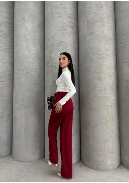 Kadın Likralı Cırt Kapama Bordo Geniş Paçalı Rahat Palazzo Pantolon fırsatları