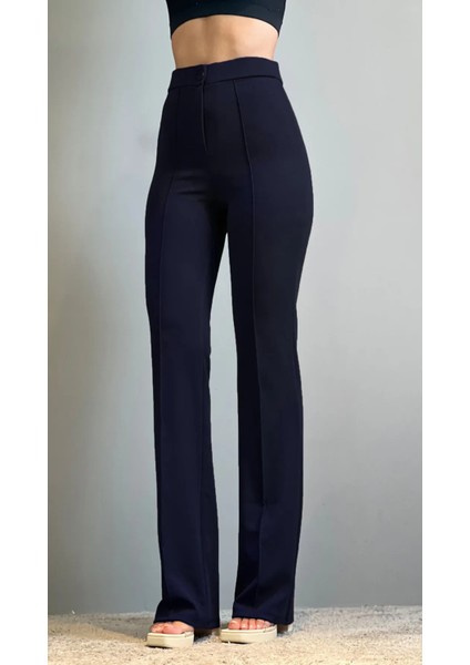 Krep Kumaş Likralı Önü Çimalı Lacivert Kadın Palazzo Pantolon modelleri