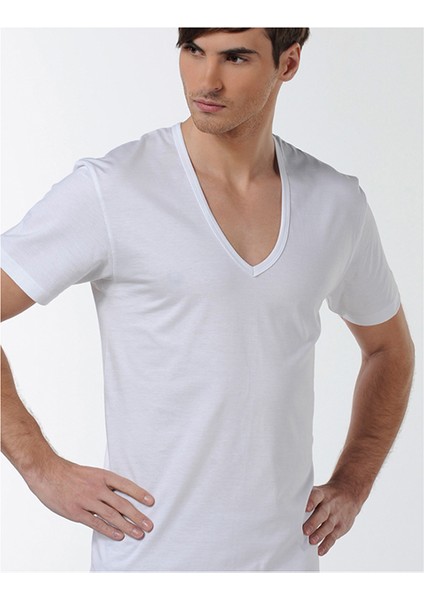 Erkek 0936 Derin V Yaka Beyaz T-Shirt 3'lü