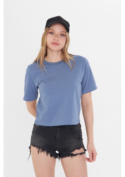 Kadın Mavi Yuvarlak Yaka Regular Fit Normal Kesim T-shirt Tişört