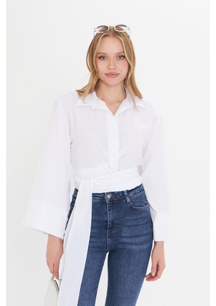 Kadın Beyaz Geniş Manşetli Kol Detaylı Önü Bağlamalı Poplin Gömlek
