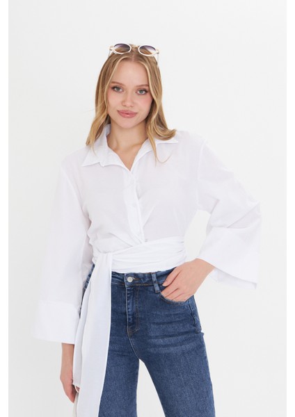 Kadın Beyaz Geniş Manşetli Kol Detaylı Önü Bağlamalı Poplin Gömlek fiyatları